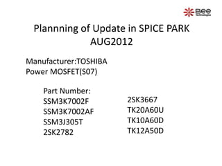 Plannning of Update in SPICE PARK
             AUG2012
Manufacturer:TOSHIBA
Power MOSFET(S07)

    Part Number:
    SSM3K7002F         2SK3667
    SSM3K7002AF        TK20A60U
    SSM3J305T          TK10A60D
    2SK2782            TK12A50D
 