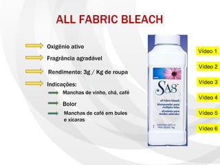ALL FABRIC BLEACH Oxigênio ativo Fragrância agradável Rendimento: 3g / Kg de roupa Indicações: Manchas de vinho, chá, café Bolor Manchas de café em bules e xícaras Vídeo 1 Vídeo 2 Vídeo 3 Vídeo 4 Vídeo 5 Vídeo 6 