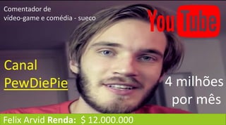 Felix Arvid Renda: $ 12.000.000
Comentador de
vídeo-game e comédia - sueco
Canal
PewDiePie 4 milhões
por mês
 