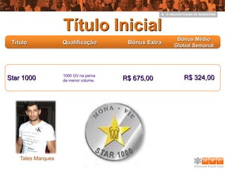 Título Inicial
                                                       Bônus Médio
 Título             Qualificação        Bônus Extra
                                                      Global Semanal




                    1000 GV na perna
Star 1000           de menor volume.   R$ 675,00         R$ 324,00




    Tales Marques
 