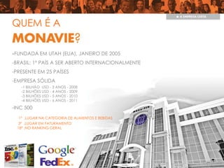 QUEM É A

-FUNDADA EM UTAH (EUA), JANEIRO DE 2005
-BRASIL: 1º PAÍS A SER ABERTO INTERNACIONALMENTE
-PRESENTE EM 25 PAÍSES
-EMPRESA SÓLIDA
    -1 BiILHÃO USD - 3 ANOS - 2008
    -2 BiILHÕES USD - 4 ANOS - 2009
    -3 BiILHÕES USD - 5 ANOS - 2010
    -4 BiILHÕES USD - 6 ANOS - 2011

-INC 500
   1º .LUGAR NA CATEGORIA DE ALIMENTOS E BEBIDAS
  3º .LUGAR EM FATURAMENTO
  18º .NO RANKING GERAL
 