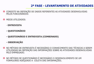 CONSISTE NA OBTENÇÃO DE DADOS REFERENTES AS ATIVIDADES DESENVOLVIDAS PELOS FUNCIONÁRIOS: MEIOS UTILIZADOS: -  ENTREVISTA - QUESTIONÁRIO - QUESTIONÁRIO E ENTREVISTA (COMBINADO) - OBSERVAÇÃO NO MÉTODO DE ENTREVISTA É NECESSÁRIO O CONHECIMENTO DAS TÉCNICAS A SEREM UTILIZADAS NA OBTENÇÃO DAS INFORMAÇÕES SOBRE AS ATIVIDADES DESENVOLVIDAS PELO EMPREGADO. NO MÉTODO DE QUESTIONÁRIO É NECESSÁRIO O DESENVOLVIMENTO DE UM FORMULÁRIO ADEQUADO A  COLETA DAS INFORMAÇÕES. 2ª FASE - LEVANTAMENTO DE ATIVIDADES 