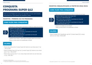 PLANOS DE GANHOS
14
PLANOS DE GANHOS
15
• Mínimo de 100 PVs pessoais em todos os meses do ano fiscal
• Qualificar todos os meses como Super Q12:
- Prata com 10.000 Pontos GIP OU
- Abrir 1 linha nova ou aumentar a quantidade de linhas Q6
+ 5.000 Pontos GIP por mês OU
- Abrir 1 linha nova ou aumentar a quantidade de linhas Q6*
+ 60.000 Pontos GIP no ano
• Crescer em relação ao ano anterior*
• Todas as linhas devem ser qualificadas no Brasil
* Todos podem se qualificar no 1º ano * E vale Q10 ou Q11 com volume de equivalência
• Platina Fundador Q12 requalificado, que faz 12 meses Super Q12 e cresce,
dentro do ano fiscal = R$ 20.000*
COMO FAZER PARA CONQUISTAR:
VALORES:
MÊS
SUPER
Q12
INCENTIVO- REQUALIFICAÇÃO (A PARTIR DE 2018/2019)
CONQUISTA
PROGRAMA SUPER Q12
• Platina Novo Q6 que faz 6 meses Super Q12 dentro do ano fiscal pela 1ª vez
= R$ 15.000**
• Platina Fundador Novo Q12 que faz 12 meses Super Q12 dentro do ano fiscal
pela 1ª vez = R$ 20.000**
• Platina Novo que faz entre 7 e 11 meses Super Q12 dentro do ano fiscal pela
1ª vez = R$7.500***
COMO FAZER PARA CONQUISTAR:
VALORES:
MÊS
SUPER
Q12
INCENTIVO - PRIMEIRA VEZ NO PROGRAMA
Este é um novo Programa de 3 anos, com duas fases: em uma, você conquista
pela primeira vez e outra quando você requalifica e cresce.
• Revender no mínimo 100 PV pessoais em todos os meses do ano fiscal
• Qualificar como Super Q12:
- Prata com 10.000 Pontos GIP OU
- Abrir 1 linha nova ou aumentar a quantidade de linhas Q6*
+ 5.000 Pontos GIP por mês OU 	
- Abrir 1 linha nova ou aumentar a quantidade de linhas Q6*
+ 60.000 Pontos GIP no ano
• Qualificar Novo Platina / Novo Platina Fundador dentro do ano fiscal
• Todas as linhas devem ser qualificadas no Brasil
* Em relação ao ano fiscal anterior
** Platina fora da qualificação desde o ano fiscal 2012 também podem ganhar
*** Todos podem se qualificar no 1º ano e vale Q10 ou Q11 com volume de equivalência
 