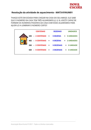Resolução da atividade de aquecimento - ​MAT3-01NUM01  
 
THIAGO ESTÁ EM DÚVIDA PARA CHEGAR NA CASA DO SEU AMIGO. ELE SABE 
QUE O NÚMERO DA CASA TEM TRÊS ALGARISMOS (2, 0, 9). VOCÊ É CAPAZ DE 
FORMAR OS NÚMEROS POSSÍVEIS DA CASA COM ESSES ALGARISMOS PARA 
AJUDÁ-LO A LEMBRAR O NÚMERO CERTO? 
 
​CENTENAS​ ​ DEZENAS​ ​UNIDADES
209 - ​ 2 CENTENAS​ + ​ 0 DEZENA​ + ​ 9 UNIDADES
902 - ​9 CENTENAS ​ + ​0 DEZENA​ + ​ 2 UNIDADES
290 - ​2 CENTENAS​ + ​9 DEZENAS​ + ​0 UNIDADE
920 - ​9 CENTENAS ​ + ​2 DEZENAS​ + ​0 UNIDADE
_____________________________________________________________________________
Associação Nova Escola © 2017 - Todos os direitos reservados
 