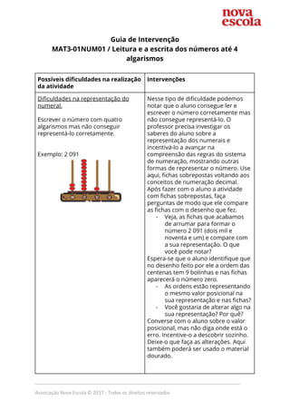  
Guia de Intervenção 
MAT3-01NUM01 / Leitura e a escrita dos números até 4 
algarismos 
 
Possíveis dificuldades na realização 
da atividade 
Intervenções 
Dificuldades na representação do 
numeral. 
 
Escrever o número com quatro 
algarismos mas não conseguir 
representá-lo corretamente.  
 
 
Exemplo: 2 091 
 
 
 
 
 
 
 
 
 
 
 
 
 
 
 
 
 
 
 
 
 
 
 
 
 
Nesse tipo de dificuldade podemos 
notar que o aluno consegue ler e 
escrever o número corretamente mas 
não consegue representá-lo. O 
professor precisa investigar os 
saberes do aluno sobre a 
representação dos numerais e 
incentivá-lo a avançar na 
compreensão das regras do sistema 
de numeração, mostrando outras 
formas de representar o número. Use 
aqui, fichas sobrepostas voltando aos 
conceitos de numeração decimal. 
Após fazer com o aluno a atividade 
com fichas sobrepostas, faça 
perguntas de modo que ele compare 
as fichas com o desenho que fez.  
- Veja, as fichas que acabamos 
de arrumar para formar o 
número 2 091 (dois mil e 
noventa e um) e compare com 
a sua representação. O que 
você pode notar? 
Espera-se que o aluno identifique que 
no desenho feito por ele a ordem das 
centenas tem 9 bolinhas e nas fichas 
aparecerá o número zero.  
- As ordens estão representando 
o mesmo valor posicional na 
sua representação e nas fichas? 
- Você gostaria de alterar algo na 
sua representação? Por quê?  
Converse com o aluno sobre o valor 
posicional, mas não diga onde está o 
erro. Incentive-o a descobrir sozinho.  
Deixe-o que faça as alterações. Aqui 
também poderá ser usado o material 
dourado.  
 
_____________________________________________________________________________
Associação Nova Escola © 2017 - Todos os direitos reservados
 
 