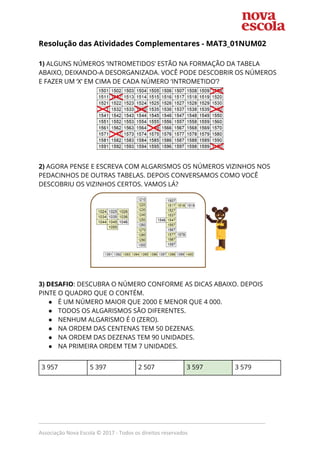 Resolução das Atividades Complementares - ​MAT3_01NUM02  
 
1)​ ALGUNS NÚMEROS ‘INTROMETIDOS’ ESTÃO NA FORMAÇÃO DA TABELA 
ABAIXO, DEIXANDO-A DESORGANIZADA. VOCÊ PODE DESCOBRIR OS NÚMEROS 
E FAZER UM ‘X’ EM CIMA DE CADA NÚMERO ‘INTROMETIDO’? 
 
 
2)​ AGORA PENSE E ESCREVA COM ALGARISMOS OS NÚMEROS VIZINHOS NOS 
PEDACINHOS DE OUTRAS TABELAS. DEPOIS CONVERSAMOS COMO VOCÊ 
DESCOBRIU OS VIZINHOS CERTOS. VAMOS LÁ? 
 
 
3) DESAFIO​: DESCUBRA O NÚMERO CONFORME AS DICAS ABAIXO. DEPOIS 
PINTE O QUADRO QUE O CONTÉM. 
● É UM NÚMERO MAIOR QUE 2000 E MENOR QUE 4 000. 
● TODOS OS ALGARISMOS SÃO DIFERENTES. 
● NENHUM ALGARISMO É 0 (ZERO). 
● NA ORDEM DAS CENTENAS TEM 50 DEZENAS. 
● NA ORDEM DAS DEZENAS TEM 90 UNIDADES. 
● NA PRIMEIRA ORDEM TEM 7 UNIDADES. 
 
3 957  5 397  2 507  3 597  3 579 
 
 
 
_____________________________________________________________________________
Associação Nova Escola © 2017 - Todos os direitos reservados
 