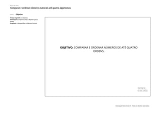 Slide 2 Objetivo
Tempo sugerido: 2 minutos.
Orientações: Projete ou leia o objetivo para a
turma.
Propósito: Compartilhar o objetivo da aula.
Plano de aula
Comparar e ordenar números naturais até quatro algarismos
Associação Nova Escola © - Todos os direitos reservados.
 
