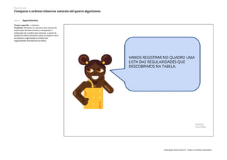 Slide 4 Aquecimento
Tempo sugerido: 3 minutos.
Propósito: Retomar os conceitos dos sistema de
numeração decimal usando a comparação e
ordenação até a ordem das centenas. A partir de
análise da tabela descobrir todas as relações entre
os números registrando os relatos das
regularidades descobertas na tabela.
Plano de aula
Comparar e ordenar números naturais até quatro algarismos
Associação Nova Escola © - Todos os direitos reservados.
 