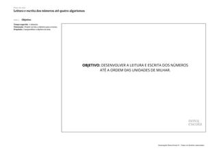 Slide 2 Objetivo
Tempo sugerido: 2 minutos.
Orientação: Projete ou leia o objetivo para a turma.
Propósito: Compartilhar o objetivo da aula.
Plano de aula
Leitura e escrita dos números até quatro algarismos
Associação Nova Escola © - Todos os direitos reservados.
 