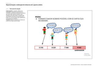 Slide 7 Discussão da solução
Tempo sugerido: 10 minutos. (Slides 6 a 9)
Orientações: Compartilhe primeiramente as
resoluções e conclusões da sala antes de mostrar o
que está no slide ‘painel de soluções’ como
exemplo da aula. Nem sempre as soluções aqui
apresentadas, precisarão ser mostradas para os
alunos. Use-as se necessário, para complementar
as estratégias dos estudantes.
Propósito: Registrar a formação dos números de
acordo com a regra passada no jogo.
Plano de aula
Representação e ordenação de números até a quarta ordem.
Associação Nova Escola © - Todos os direitos reservados.
 