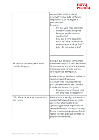  
 
 
 
 
 
 
 
 
 
 
 
 
 
 
 
 
 
Ex: O aluno tenta trapacear e não 
respeita às regras.  
competitivas, assim a criança 
desenvolverá sua auto confiança 
respeitando suas limitações e 
possibilidades. 
Pergunte: 
- Por que você ficou tão triste? 
- O que você acha que pode 
fazer para melhorar esse 
sentimento? 
- Será que é certo pegarmos 
todas as cartas com maiores 
números para você ganhar? O 
jogo não perderia a graça? 
 
 
---------------------------------------------------- 
 
Explique que as regras combinadas 
devem ser cumpridas. Não exponha o 
aluno quanto a sua atitude. Converse 
individualmente com ele sobre as 
consequências de trapacear.   
Auxilie a criança a elaborar melhor os 
sentimentos de frustração, 
desenvolvendo recursos internos 
para que ela lide com isso também 
fora da sala de aula. Pergunte: 
- Como você se sentiria se visse 
um amigo seu trapaceando? 
Dificuldade de leitura e entendimento 
das regras. 
Pode acontecer de algum aluno ainda 
não ter fluência na leitura ou então 
apresentar algum distúrbio de 
aprendizagem que não possibilita o 
seu entendimento das regras do jogo.  
Peça a um aluno do grupo que leia as 
regras e depois explique para todo o 
grupo o que entendeu.  
 
 
_____________________________________________________________________________
Associação Nova Escola © 2017 - Todos os direitos reservados
 