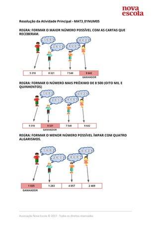 Resolução da Atividade Principal​ - MAT3_01NUM05 
 
REGRA: FORMAR O MAIOR NÚMERO POSSÍVEL COM AS CARTAS QUE 
RECEBERAM.  
 
REGRA: FORMAR O NÚMERO MAIS PRÓXIMO DE 8 500 (OITO MIL E 
QUINHENTOS) 
 
REGRA: FORMAR O MENOR NÚMERO POSSÍVEL ÍMPAR COM QUATRO 
ALGARISMOS. 
 
 
_____________________________________________________________________________
Associação Nova Escola © 2017 - Todos os direitos reservados
 