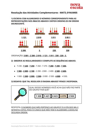 Resolução das Atividades Complementares - ​MAT3_01NUM05   
 
1) ESCREVA COM ALGARISMOS O NÚMERO CORRESPONDENTE PARA AS 
REPRESENTAÇÕES NOS ÁBACOS ABAIXO E DEPOIS ORDENE-OS EM ORDEM 
DECRESCENTE. 
 
​ ​1 121 ​ ​2 010​ ​1 011​ ​3 00 1 
 
​2 200 ​ ​3 ​ ​220 ​ ​330 
 
ORDENAÇÃO: ​3 001 - 2 200 - 2 010 - 1 121 - 1 011 - 330 - 220 - 3. 
 
2) OBSERVE AS REGULARIDADES E COMPLETE AS SEQUÊNCIAS ABAIXO. 
 
● 7 230 - ​7 240​ -​ ​7 250​ - 7 260 - 7 270 - ​7 280​ - ​7 290​ - ​7 300​. 
 
● 1 900​ - ​2 000​ - ​2 100​ ​- 2 200 - 2300 - 2 400 - ​2 500​ - ​2 600​. 
 
● 1 000 -​ ​1 500​ - ​2 000 ​- ​2 500​ - ​3 000 - 3 500 - ​4 000​ ​- 4 500. 
 
3) DESAFIO: QUE TAL RESOLVER O ENIGMA ABAIXO? PENSE E RESPONDA. 
 
 
QUAL DESSES NÚMEROS VOCÊ ACHA QUE NÃO FAZ PARTE 
DO GRUPO? POR QUÊ? 
 
 
 
  
RESPOSTA: ​O NÚMERO QUE NÃO PERTENCE AO GRUPO É O 6 078 (SEIS MIL E 
SETENTA E OITO), POIS É O ÚNICO QUE NÃO TEM O ALGARISMO 2 (DOIS) NA 
SEGUNDA ORDEM. 
_____________________________________________________________________________
Associação Nova Escola © 2017 - Todos os direitos reservados
 