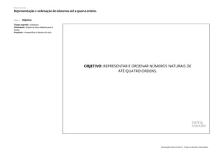 Slide 2 Objetivo
Tempo sugerido: 2 minutos.
Orientações: Projete ou leia o objetivo para a
turma.
Propósito: Compartilhar o objetivo da aula.
Plano de aula
Representação e ordenação de números até a quarta ordem.
Associação Nova Escola © - Todos os direitos reservados.
 