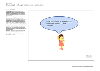 Slide 4 Retomada
Tempo sugerido: 10 minutos (Slides 3 e 4).
Orientações: Resgate os conhecimentos sobre o
sistema de numeração decimal até a ordem das
unidades de milhar, colocando as crianças como
protagonistas.
Deixe que os alunos organizem os números no
mural em ordem crescente. Fique atenta às
discussões entre eles. Essa atividade é muito rica,
pois ao observar o número do colega o aluno já
identifica as características do seu número como
sendo maior, menor, igual, etc. É importante que
todos os registros sejam expostos e explicados pelo
seu autor, mesmo os que não estejam legíveis ou
completos. Estimule um ambiente em que todos
possam falar e ser ouvidos, pois cada aluno pode
aprender com o outro e ampliar seu repertório em
forma de registro.
Propósito: Retomar os conceitos dos sistema de
numeração decimal usando a representação,
comparação e ordenação de números até a ordem
das unidades de milhar.
Plano de aula
Representação e ordenação de números até a quarta ordem.
Associação Nova Escola © - Todos os direitos reservados.
 