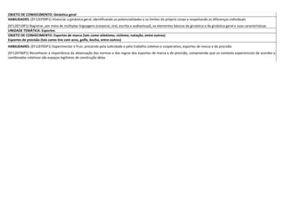 OBJETO DE CONHECIMENTO: Ginástica geral
HABILIDADES: (EF12EF09P1) Vivenciar a ginástica geral, identificando as potencialidades e os limites do próprio corpo e respeitando as diferenças individuais
(EF12EF10P1) Registrar, por meio de múltiplas linguagens (corporal, oral, escrita e audiovisual), os elementos básicos da ginástica e da ginástica geral e suas características
UNIDADE TEMÁTICA: Esportes
OBJETO DE CONHECIMENTO: Esportes de marca (tais como atletismo, ciclismo, natação, entre outros)
Esportes de precisão (tais como tiro com arco, golfe, bocha, entre outros)
HABILIDADES: (EF12EF05P1) Experimentar e fruir, prezando pela ludicidade e pelo trabalho coletivo e cooperativo, esportes de marca e de precisão
(EF12EF06P1) Reconhecer a importância da observação das normas e das regras dos esportes de marca e de precisão, compreende que os contexto experienciais de acordos e
combinados coletivos são espaços legítimos de construção delas
 