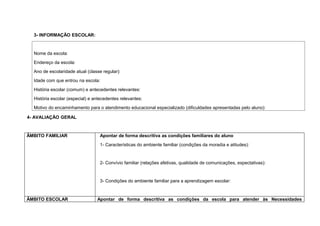 3- INFORMAÇÃO ESCOLAR:
Nome da escola:
Endereço da escola:
Ano de escolaridade atual (classe regular):
Idade com que entrou na escola:
História escolar (comum) e antecedentes relevantes:
História escolar (especial) e antecedentes relevantes:
Motivo do encaminhamento para o atendimento educacional especializado (dificuldades apresentadas pelo aluno):
4- AVALIAÇÃO GERAL
ÂMBITO FAMILIAR Apontar de forma descritiva as condições familiares do aluno
1- Características do ambiente familiar (condições da moradia e atitudes):
2- Convívio familiar (relações afetivas, qualidade de comunicações, expectativas):
3- Condições do ambiente familiar para a aprendizagem escolar:
ÂMBITO ESCOLAR Apontar de forma descritiva as condições da escola para atender às Necessidades
 