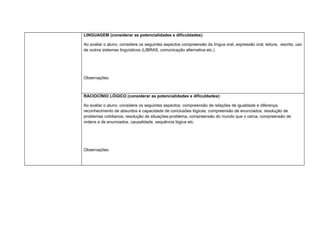 LINGUAGEM (considerar as potencialidades e dificuldades):
Ao avaliar o aluno, considere os seguintes aspectos compreensão da língua oral, expressão oral, leitura, escrita, uso
de outros sistemas linguísticos (LIBRAS, comunicação alternativa etc.)
Observações:
RACIOCÍNIO LÓGICO (considerar as potencialidades e dificuldades):
Ao avaliar o aluno, considere os seguintes aspectos: compreensão de relações de igualdade e diferença,
reconhecimento de absurdos e capacidade de conclusões lógicas; compreensão de enunciados; resolução de
problemas cotidianos; resolução de situações-problema, compreensão do mundo que o cerca, compreensão de
ordens e de enunciados, causalidade, sequência lógica etc.
Observações:
 