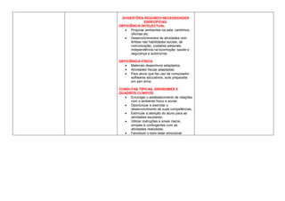 SUGESTÕES SEGUNDO NECESSIDADES
ESPECÍFICAS:
DEFICIÊNCIA INTELECTUAL
 Propiciar ambientes na sala: cantinhos,
oficinas etc.
 Desenvolvimentos de atividades com
ênfase nas habilidades sociais, de
comunicação; cuidados pessoais;
independência na locomoção; saúde e
segurança e autonomia;
DEFICIÊNCIA FÍSICA
 Materiais desportivos adaptados;
 Atividades físicas adaptadas;
 Para aluno que faz uso de computador:
softwares educativos, aula preparada
em pen drive;
CONDUTAS TÍPICAS, SÍNDROMES E
QUADROS CLÍNICOS
 Encorajar o estabelecimento de relações
com o ambiente físico e social;
 Oportunizar e exercitar o
desenvolvimento de suas competências;
 Estimular a atenção do aluno para as
atividades escolares;
 Utilizar instruções e sinais claros,
simples e contingentes com as
atividades realizadas;
 Favorecer o bem-estar emocional
 