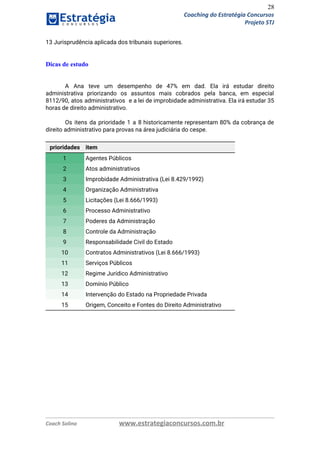28
Coaching do Estratégia Concursos
Projeto STJ
13 Jurisprudência aplicada dos tribunais superiores. 
  
 
Dicas de estudo 
 
 
A Ana teve um desempenho de 47% em dad. Ela irá estudar direito                         
administrativa priorizando os assuntos mais cobrados pela banca, em especial                   
8112/90, atos administrativos e a lei de improbidade administrativa. Ela irá estudar 35                         
horas de direito administrativo. 
 
Os itens da prioridade 1 a 8 historicamente representam 80% da cobrança de                         
direito administrativo para provas na área judiciária do cespe. 
 
prioridades item
1 Agentes Públicos
2 Atos administrativos
3 Improbidade Administrativa (Lei 8.429/1992)
4 Organização Administrativa
5 Licitações (Lei 8.666/1993)
6 Processo Administrativo
7 Poderes da Administração
8 Controle da Administração
9 Responsabilidade Civil do Estado
10 Contratos Administrativos (Lei 8.666/1993)
11 Serviços Públicos
12 Regime Jurídico Administrativo
13 Domínio Público
14 Intervenção do Estado na Propriedade Privada
15 Origem, Conceito e Fontes do Direito Administrativo
   
Coach Solino www.estrategiaconcursos.com.br
 