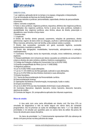 32
Coaching do Estratégia Concursos
Projeto STJ
DIREITO CIVIL  
1 Lei: vigência, aplicação da lei no tempo e no espaço, integração e interpretação.  
2 Lei de Introdução às Normas do Direito Brasileiro.  
3 Pessoas naturais e jurídicas: personalidade, capacidade, direitos de personalidade.  
4 Domicílio.  
5 Bens: conceito e espécies.  
6 Fatos e atos jurídicos: negócios jurídicos, requisitos, defeitos dos negócios jurídicos,                       
modalidades dos negócios jurídicos, forma e prova dos atos jurídicos, nulidade e                       
anulabilidade dos negócios jurídicos, atos ilícitos, abuso de direito, prescrição e                     
decadência, caso fortuito e força maior.  
7 Direitos reais.  
7.1 Espécies.  
8 Direito de família: direito pessoal, casamento, relações de parentesco, direito                     
patrimonial, regime de bens entre os cônjuges, usufruto e administração dos bens de                         
ﬁlhos menores, alimentos, bem de família, união estável, tutela e curatela.  
9 Direito das sucessões: sucessão em geral, sucessão legítima, sucessão                   
testamentária, inventário e partilha.  
10 Direito das obrigações: modalidades, transmissão, adimplemento e extinção,                 
inadimplemento.  
11 Contratos: formação, teoria da imprevisão, evicção, vícios redibitórios, extinção e                     
espécies.  
12 Responsabilidade civil, inclusive por danos causados ao ambiente, ao consumidor e                       
a bens e direitos de valor artístico, estético, histórico e paisagístico.  
13 Código de Proteção e Defesa do Consumidor (Lei no 8.078/1990).  
14 Guarda compartilhada de filhos (Lei no 11.698/2008).  
15 Registros públicos.  
16 Lei no 9.656/1998 e suas alterações.  
17 Lei no 11.101/2005 (Lei de Recuperação Judicial) e suas alterações.  
18 Lei no 9.279/1996 (Lei dos Direitos Autorais) e suas alterações.  
19 Direito Societário.  
19.1 Teoria da Desconsideração da Personalidade Jurídica.  
20 Desconsideração Inversa.  
21 Operações Societárias (Transformação, incorporação, fusão e cisão).  
22 Grupos econômicos.  
23 Lei no 6.404/1976 (Lei das Sociedades Anônimas) e suas alterações.  
24 Contratos Bancários: depósito bancário, mútuo bancário, desconto bancário,                 
abertura de crédito.  
25 Contrato de Seguro. 26 Jurisprudência aplicada dos tribunais superiores. 
 
Dicas de estudo:
A Ana está com uma certa dificuldade em direito civil. Ela tirou 27% no                           
simulado de diagnóstico e não se sente seguro em vários itens do conteúdo                         
programático. Ela irá priorizar as aulas do estratégia dos itens 1 a 7 da tabela de                               
prioridades e irá estudar por questões para os outros itens do edital. Ela previu 45                             
horas de estudo para essas disciplina. 
 
Os itens da prioridade 1 a 7 historicamente representam 80% da cobrança de                         
direito civil para provas na área judiciária do cespe. 
 
Coach Solino www.estrategiaconcursos.com.br
 
