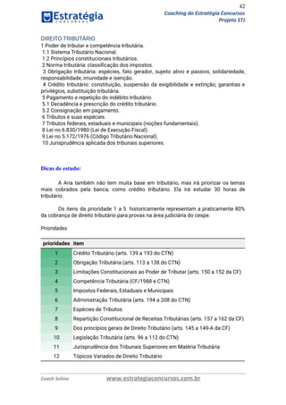 42
Coaching do Estratégia Concursos
Projeto STJ
DIREITO TRIBUTÁRIO  
1 Poder de tributar e competência tributária.  
1.1 Sistema Tributário Nacional.  
1.2 Princípios constitucionais tributários.  
2 Norma tributária: classiﬁcação dos impostos.  
3 Obrigação tributária: espécies, fato gerador, sujeito ativo e passivo, solidariedade,                       
responsabilidade, imunidade e isenção.  
4 Crédito tributário: constituição, suspensão da exigibilidade e extinção; garantias e                       
privilégios, substituição tributária.  
5 Pagamento e repetição do indébito tributário.  
5.1 Decadência e prescrição do crédito tributário.  
5.2 Consignação em pagamento.  
6 Tributos e suas espécies.  
7 Tributos federais, estaduais e municipais (noções fundamentais).  
8 Lei no 6.830/1980 (Lei de Execução Fiscal).  
9 Lei no 5.172/1976 (Código Tributário Nacional).  
10 Jurisprudência aplicada dos tribunais superiores. 
 
 
Dicas de estudo:
A Ana também não tem muita base em tributário, mas irá priorizar os temas                           
mais cobrados pela banca, como crédito tributário. Ela irá estudar 30 horas de                         
tributário. 
 
Os itens da prioridade 1 a 5 historicamente representam a praticamente 80%                       
da cobrança de direito tributário para provas na área judiciária do cespe. 
 
Prioridades 
 
prioridades item
1 Crédito Tributário (arts. 139 a 193 do CTN)
2 Obrigação Tributária (arts. 113 a 138 do CTN)
3 Limitações Constitucionais ao Poder de Tributar (arts. 150 a 152 da CF)
4 Competência Tributária (CF/1988 e CTN)
5 Impostos Federais, Estaduais e Municipais
6 Administração Tributária (arts. 194 a 208 do CTN)
7 Espécies de Tributos
8 Repartição Constitucional de Receitas Tributárias (arts. 157 a 162 da CF)
9 Dos princípios gerais de Direito Tributário (arts. 145 a 149-A da CF)
10 Legislação Tributária (arts. 96 a 112 do CTN)
11 Jurisprudência dos Tribunais Superiores em Matéria Tributária
12 Tópicos Variados de Direito Tributário
 
Coach Solino www.estrategiaconcursos.com.br
 