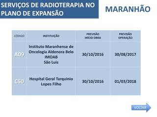 MARANHÃO
CÓDIGO INSTITUIÇÃO
PREVISÃO
INÍCIO OBRA
PREVISÃO
OPERAÇÃO
A09
Instituto Maranhense de
Oncologia Aldenora Belo
IMOAB
São Luis
30/10/2016 30/08/2017
C50
Hospital Geral Tarquinio
Lopes Filho
30/10/2016 01/03/2018
SERVIÇOS DE RADIOTERAPIA NO
PLANO DE EXPANSÃO
VOLTAR
 