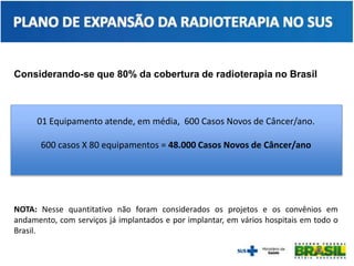 Considerando-se que 80% da cobertura de radioterapia no Brasil
01 Equipamento atende, em média, 600 Casos Novos de Câncer/ano.
600 casos X 80 equipamentos = 48.000 Casos Novos de Câncer/ano
NOTA: Nesse quantitativo não foram considerados os projetos e os convênios em
andamento, com serviços já implantados e por implantar, em vários hospitais em todo o
Brasil.
 