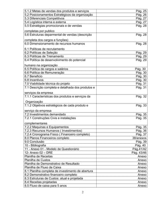 5.1.2 Metas de vendas dos produtos e serviços
5.2 Posicionamentos Estratégicos da organização
5.3 Diferenciais Competitivos
5.4 Logística interna e externa
5.5 Estratégias promocionais e de vendas

Pág. 25
Pág. 26
Pág. 27
Pág. 27
Pág. 28

completas por publico
5.6 Estruturas deparmental de vendas (descrição

Pág. 28

completa dos cargos e funções)
6.0 Dimensionamento de recursos humanos

Pág. 28

6.1 Políticas de recrutamento
6.2 Políticas de Seleção
6.3 Políticas de Treinamento
6.4 Política de desenvolvimento do potencial

Pág. 29
Pág. 29
Pág. 29

humano na organização
6.5 Política de cargos e salários
6.6 Política de Remuneração
6.7 Beneficio
6.8 Incentivos
7.0 Viabilidade técnica do projeto
7.1 Descrição completa e detalhada dos produtos e

Pág. 30
Pág. 30
Pág. 30
Pág. 30
Pág. 31
Pág. 31

serviços da empresa
7.1.1 Características dos produtos e serviços da

Pág. 32

Organização
7.1.2 Objetivos estratégicos de cada produto e

Pág. 33

serviço da empresa
7.2 Investimentos demandado
7.2.1 Construções Civis e instalações

Pág. 35
Pág. 35

complementares
7.2.2 Maquinas e Equipamentos
7.2.3 Recursos Humanos ( Investimentos)
7.2.4 Cronograma Físico ( Financeiro completo)
8.0 Planos Financeiros completo
9.0 Conclusão
10 - Bibliografia
11 - Anexo 01 - Modelo de Questionário
12- Anexo 02 – DRE
Planilha de Receitas
Planilha de Custos
Planilha de Demonstrativo de Resultado
Planilha de Fluxo de Caixa
8.1 Planilha completa de investimento de abertura
8.2 Demonstrativo financeiro completo
8.3 Estruturas de Custos: atual e projetada
8.4 Receitas projetadas
8.5 Fluxo de caixa para 5 anos
2

Pág. 35
Pág. 36
Pág. 37
38/anexos
Pág. 39
Pág. 40
Pág.41/42
Pág. 43/46
Anexo
Anexo
Anexo
Anexo
Anexo
Anexo
Anexo
Anexo
Anexo

 