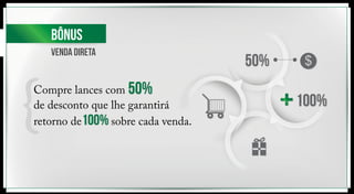 Bônus 
VENDA DIRETA 
50% 
Compre lances com 
de desconto que lhe garantirá 
retorno de100% sobre cada venda. 
50% 
100% 
 