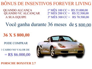 BÔNUS DE INSENTIVOS FOREVER LIVING QUANDO ALCANÇA   1º MÊS 100 CC =  R$ 35.000,00 QUANDO VC ALCANÇAR  2º MÊS 200 CC =  R$ 52.500,00 A SUA EQUIPE  3º MÊS 300 CC =  R$ 70.500,00 Você ganha durante 36 meses  de $ 800,00 36 X $ 800,00 PODE COMPRAR 1 CARRO NO VALOR DE = R$ 86.000,00 PORSCHE BOXSTER 2.7     