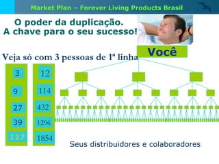 O poder da duplicação.  A chave para o seu sucesso! Você 39 9 27 3 Seus distribuidores e colaboradores 117 Veja só com 3 pessoas de 1ª linha   12 114 432 1296 1854 Market Plan – Forever Living Products Brasil 