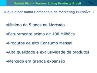 O que olhar numa Companhia de Marketing Multinível ? Mínimo de 5 anos no Mercado Faturamento acima de 100 Milhões Produtos de alto Consumo Mensal Alta qualidade e exclusividade de produtos Mercado em grande expansão Market Plan – Forever Living Products Brasil 