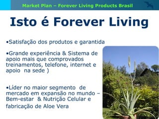 Isto é Forever Living Satisfação dos produtos e garantida Grande experiência & Sistema de apoio mais que comprovados treinamentos, telefone, internet e apoio  na sede ) Líder no maior segmento  de  mercado em expansão no mundo – Bem-estar  & Nutrição Celular e fabricação de Aloe Vera   Market Plan – Forever Living Products Brasil 