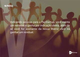NA PRÁTICA
Indicando pessoas para a PayStartup, você monta
um network onde caso você seja escolha algum
pacote de Assinatura você irá ganhar bonificação
diária além de 5% do valor da Assinatura de seus
indicados. Participando da Matriz* você irá ganhar
residual da nossa rede até o quarto nível abaixo.
*Veja detalhamento dos ganhos páginas 9 e 10.
 