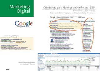 Marketing                                      Otimização para Motores de Marketing - SEM
           Digital                                                                        Ferramenta: Google AdWords.
                                                            Anúncios de Primeira página no Google em busca de exemplo.




Anúncio Google 1ª Página.




                       Os grá�icos precisam os dados
                         com visualização dinâmica.
 
