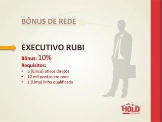  
EXECUTIVO	
  RUBI	
  
Bônus:	
  10%	
  
Requisitos:	
  	
  
•  5	
  (Cinco)	
  aevos	
  diretos	
  	
  
•  12	
  mil	
  pontos	
  em	
  rede	
  
•  1	
  (Uma)	
  linha	
  qualiﬁcada	
  
BÔNUS	
  DE	
  REDE	
  
 