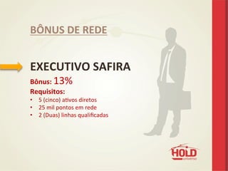  
EXECUTIVO	
  SAFIRA	
  
Bônus:	
  13%	
  
Requisitos:	
  
•  5	
  (cinco)	
  aevos	
  diretos	
  	
  
•  25	
  mil	
  pontos	
  em	
  rede	
  
•  2	
  (Duas)	
  linhas	
  qualiﬁcadas	
  
	
  
BÔNUS	
  DE	
  REDE	
  
 