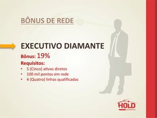  
EXECUTIVO	
  DIAMANTE	
  
Bônus:	
  19%	
  
Requisitos:	
  
•  5	
  (Cinco)	
  aevos	
  diretos	
  
•  100	
  mil	
  pontos	
  em	
  rede	
  
•  4	
  (Quatro)	
  linhas	
  qualiﬁcadas	
  
BÔNUS	
  DE	
  REDE	
  
 