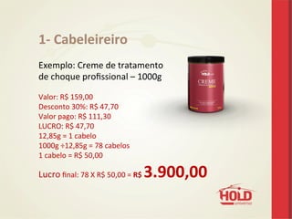 1-­‐	
  Cabeleireiro	
  
	
  
Exemplo:	
  Creme	
  de	
  tratamento	
  	
  
de	
  choque	
  proﬁssional	
  –	
  1000g	
  	
  
	
  
Valor:	
  R$	
  159,00	
  
Desconto	
  30%:	
  R$	
  47,70	
  
Valor	
  pago:	
  R$	
  111,30	
  
LUCRO:	
  R$	
  47,70	
  
12,85g	
  =	
  1	
  cabelo	
  
1000g	
  ÷12,85g	
  =	
  78	
  cabelos	
  
1	
  cabelo	
  =	
  R$	
  50,00	
  
Lucro	
  ﬁnal:	
  78	
  X	
  R$	
  50,00	
  =	
  R$	
  3.900,00	
  
	
  
 