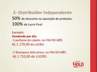  2-­‐	
  Distribuidor	
  Independente	
  
50%	
  de	
  desconto	
  na	
  aquisição	
  de	
  produtos;	
  
100%	
  de	
  Lucro	
  Final	
  
	
  
Exemplo:	
  
Vendendo	
  por	
  dia:	
  
-­‐ 1	
  perfume	
  de	
  cabelo,	
  no	
  FIM	
  DO	
  MÊS	
  	
  
R$	
  1.170,00	
  de	
  LUCRO.	
  	
  	
  
	
  
-­‐ 2	
  Shampoos	
  Ane-­‐stress,	
  no	
  FIM	
  DO	
  MÊS	
  	
  
	
  R$	
  1.710,00	
  de	
  LUCRO.	
  
 