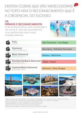www.ciaocsn.com.br
10 11
www.ciaocsn.com.br
existem coisas que são merecedoras,
no topo vem o reconhecimento que é
a credencial do sucesso.
O reconhecimento é uma virtude digna
de coroar. É uma das recompensas
mais gratificantes para nossos
empreendedores.
10
PRÊMIOS E RECONHECIMENTOS
Ruby
Ruby Trip
São Francisco / Las Vegas
Diamond
Diamond Celebration
Bora Bora - Polinésia Francesa
Alpes - Suiça
Mônaco / Ilhas Gregas
Presidential Black Diamond
Premier Destination
Imperial Black Diamond
Premier Destination
Todas as viagens são intransferíveis. Inclui aereo e hospedagem para 2 pessoas. Datas a serem informadas.
Ruby Trip: 2 noites em São Francisco, visita a sede da Ciao Telecom - 3 noites em Las Vegas
Diamond Celebration: 5 noites em Bora Bora - Polinésia Francesa
Premier Destination: 4 noites - Hotel Atlantis - Nassau - Bahamas
Alpes Suiços: 3 noites em Montreux e 2 noites em Genebra.
Mônaco e Ilhas Gregas: 3 noites em Mônaco, 4 noites nas Ilhas Gregas
Nassau - BahamasBlack Diamond
Premier Destination
construa o seu legado e garanta
o bem estar de sua família por duas
gerações.
Ganhe, semanalmente, 4% do total
dos PVs gerados das mensalidades
pagas até a 5ª geração da
linha de indicação. Apenas para
Empreendedores pagos como
Diamond ou acima.
8
Bônus divisão de lucros
O Empreendedor pago como Black
Diamond ou acima terá direito de
participar da divisão de 5% do lucro
líquido real da Ciao Social Network
junto ao Clube dos Fundadores. O
Empreendedor deverá estar ativo e
qualificado.
Bônus pago mensalmente.
7
Bônus residual
A partir de Black Diamond o
Empreendedor poderá abrir mais 3 centros
de distribuição, totalizando 4, podendo
receber de bônus de equipe o teto
(200.000PVs) por cada centro.
200.000PVs = R$ 80.000,00
R$ 80.000,00 x 4 centros
= R$ 320.000,00/semana
Total: R$ 1.280.000,00/mês
9
Centros múltiplos
de negócios
O Clube dos Fundadores representa todos empreendedores
ativos e qualificados cadastrados de 18 de Janeiro de 2013 a
31 de Maio de 2013
CENTRO 2
BLACK DIAMOND - CENTRO 1
CENTRO 3
CENTRO 4
 