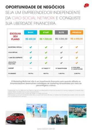 www.ciaocsn.com.br
2
OPORTUNIDADE DE NEGÓCIOS
SEJA UM EMPREENDEDOR INDEPENDENTE
DA CIAO SOCIAL NETWORK E CONQUISTE
SUA LIBERDADE FINANCEIRA.
Observação: Fica a critério da Ciao Telecom decidir a configuração e marca do produto e/ou serviço agregado a adesão, seja
Celular,Tablet, Smartphone ou outros equipamentos.
Pagamento somente à vista. Cartão de crédito ou boleto bancário.
Para receber os bônus é necessário estar ativo a cada 4 semanas (28 dias), os valores da mensalidade poderão variar de acordo
com os produtos e/ou serviços.
O Marketing Multinível não é um investimento financeiro, pois quando afiliado os
Empreendedores desenvolvem estratégias de marketing remuneradas por meio de
percentagens e bônus.
 
