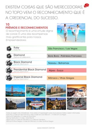 11
www.ciaocsn.com.br
EXISTEM COISAS QUE SÃO MERECEDORAS,
NO TOPO VEM O RECONHECIMENTO QUE É
A CREDENCIAL DO SUCESSO.
O reconhecimento é uma virtude digna
de coroar. É uma das recompensas
mais gratificantes para nossos
Empreendedores.
10
PRÊMIOS E RECONHECIMENTOS
Ruby
Ruby Trip
São Francisco / Las Vegas
Diamond
Diamond Celebration
Bora Bora - Polinésia Francesa
Alpes - Suiça
Mônaco / Ilhas Gregas
Presidential Black Diamond
Premier Destination
Imperial Black Diamond
Premier Destination
Todas as viagens são instrasferiveis. Inclui aereo e hospedagem para duas pessoas. Datas a serem informadas.
Ruby Trip: 2 noites em São Francisco, visita a sede da Ciao Telecom - 3 noites em Las Vegas
Diamond Celebration: 5 noites em Bora Bora.
Premier Destination: 4 noites - Hotel Atlantis
Alpes Suiços: 3 noites em Montreux e 2 noites em Genebra.
Mônaco e Ilhas Gregas: 3 noites em Mônaco, 4 noites nas Ilhas Gregas
Nassau - BahamasBlack Diamond
Premier Destination
 