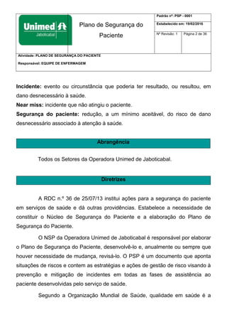 Plano de Segurança do
Paciente
Padrão nº: PSP - 0001
Estabelecido em: 19/02/2016
Nº Revisão: 1 Página 2 de 36
Atividade: PLANO DE SEGURANÇA DO PACIENTE
Responsável: EQUIPE DE ENFERMAGEM
Incidente: evento ou circunstância que poderia ter resultado, ou resultou, em
dano desnecessário à saúde.
Near miss: incidente que não atingiu o paciente.
Segurança do paciente: redução, a um mínimo aceitável, do risco de dano
desnecessário associado à atenção à saúde.
Abrangência
Todos os Setores da Operadora Unimed de Jaboticabal.
Diretrizes
A RDC n.º 36 de 25/07/13 institui ações para a segurança do paciente
em serviços de saúde e dá outras providências. Estabelece a necessidade de
constituir o Núcleo de Segurança do Paciente e a elaboração do Plano de
Segurança do Paciente.
O NSP da Operadora Unimed de Jaboticabal é responsável por elaborar
o Plano de Segurança do Paciente, desenvolvê-lo e, anualmente ou sempre que
houver necessidade de mudança, revisá-lo. O PSP é um documento que aponta
situações de riscos e contem as estratégias e ações de gestão de risco visando à
prevenção e mitigação de incidentes em todas as fases de assistência ao
paciente desenvolvidas pelo serviço de saúde.
Segundo a Organização Mundial de Saúde, qualidade em saúde é a
 
