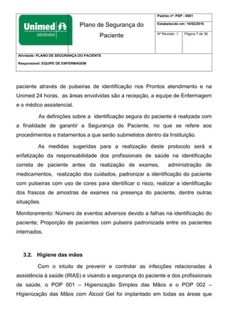 Plano de Segurança do
Paciente
Padrão nº: PSP - 0001
Estabelecido em: 19/02/2016
Nº Revisão: 1 Página 7 de 36
Atividade: PLANO DE SEGURANÇA DO PACIENTE
Responsável: EQUIPE DE ENFERMAGEM
paciente através de pulseiras de identificação nos Prontos atendimento e na
Unimed 24 horas, as áreas envolvidas são a recepção, a equipe de Enfermagem
e o médico assistencial.
As definições sobre a identificação segura do paciente é realizada com
a finalidade de garantir a Segurança do Paciente, no que se refere aos
procedimentos e tratamentos a que serão submetidos dentro da Instituição.
As medidas sugeridas para a realização deste protocolo será a
enfatização da responsabilidade dos profissionais de saúde na identificação
correta de paciente antes da realização de exames, administração de
medicamentos, realização dos cuidados, padronizar a identificação do paciente
com pulseiras com uso de cores para identificar o risco, realizar a identificação
dos frascos de amostras de exames na presença do paciente, dentre outras
situações.
Monitoramento: Número de eventos adversos devido a falhas na identificação do
paciente; Proporção de pacientes com pulseira padronizada entre os pacientes
internados.
3.2. Higiene das mãos
Com o intuito de prevenir e controlar as infecções relacionadas à
assistência à saúde (IRAS) e visando a segurança do paciente e dos profissionais
de saúde, o POP 001 – Higienização Simples das Mãos e o POP 002 –
Higienização das Mãos com Álcool Gel foi implantado em todas as áreas que
 