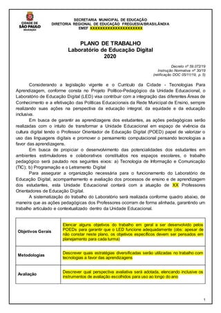 SECRETARIA MUNICIPAL DE EDUCAÇÃO
DIRETORIA REGIONAL DE EDUCAÇÃO FREGUESIA/BRASILÂNDIA
EMEF XXXXXXXXXXXXXXXXXXXXX
1
PLANO DE TRABALHO
Laboratório de Educação Digital
2020
Decreto nº 59.072/19
Instrução Normativa nº 30/19
(retificação DOC 05/11/19, p. 5)
Considerando a legislação vigente e o Currículo da Cidade - Tecnologias Para
Aprendizagem, conforme consta no Projeto Político-Pedagógico da Unidade Educacional, o
Laboratório de Educação Digital (LED) visa contribuir com a integração das diferentes Áreas de
Conhecimento e a efetivação das Políticas Educacionais da Rede Municipal de Ensino, sempre
realizando suas ações na perspectiva da educação integral, da equidade e da educação
inclusiva.
Em busca de garantir as aprendizagens dos estudantes, as ações pedagógicas serão
realizadas com o intuito de transformar a Unidade Educacional em espaço de vivência da
cultura digital tendo o Professor Orientador de Educação Digital (POED) papel de valorizar o
uso das linguagens digitais e promover o pensamento computacional pensando tecnologias a
favor das aprendizagens.
Em busca de propiciar o desenvolvimento das potencialidades dos estudantes em
ambientes estimuladores e colaborativos constituídos nos espaços escolares, o trabalho
pedagógico será pautado nos seguintes eixos: a) Tecnologia de Informação e Comunicação
(TIC); b) Programação e o Letramento Digital
Para assegurar a organização necessária para o funcionamento do Laboratório de
Educação Digital, acompanhamento e avaliação dos processos de ensino e de aprendizagem
dos estudantes, esta Unidade Educacional contará com a atuação de XX Professores
Orientadores de Educação Digital.
A sistematização do trabalho do Laboratório será realizada conforme quadro abaixo, de
maneira que as ações pedagógicas dos Professores ocorram de forma alinhada, garantindo um
trabalho articulado e contextualizado dentro da Unidade Educacional.
Objetivos Gerais
Elencar alguns objetivos do trabalho em geral a ser desenvolvido pelos
POEDs para garantir que o LED funcione adequadamente (obs: apesar de
não constar neste plano, os objetivos específicos devem ser pensados em
planejamento para cada turma)
Metodologias
Descrever quais estratégias diversificadas serão utilizadas no trabalho com
tecnologias a favor das aprendizagens
Avaliação
Descrever qual perspectiva avaliativa será adotada, elencando inclusive os
instrumentos de avaliação escolhidos para uso ao longo do ano
 