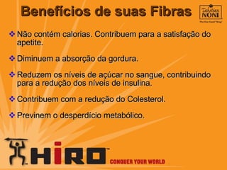 Não contém calorias. Contribuem para a satisfação do apetite. Diminuem a absorção da gordura. Reduzem os níveis de açúcar no sangue, contribuindo para a redução dos níveis de insulina.  Contribuem com a redução do Colesterol. Previnem o desperdício metabólico.  Benefícios de suas Fibras 