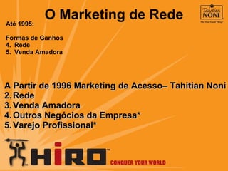 O Marketing de Rede Até 1995: Formas de Ganhos Rede Venda Amadora A Partir de 1996 Marketing de Acesso– Tahitian Noni Rede Venda Amadora Outros Negócios da Empresa* Varejo Profissional* 
