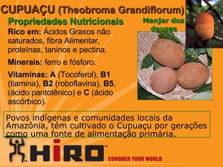 CUPUAÇU  (Theobroma Grandiflorum) Manjar dos  deuses   Propriedades Nutricionais Rico em:   Ácidos Graxos não  saturados, fibra Alimentar ,  proteínas,  taninos e pectina. Minerais:   ferro e fósforo. Vitaminas:   A  (Tocoferol),  B1  (tiamina),  B2  (roboflavina),  B5 , (ácido pantotênico) e  C  (ácido ascórbico). Povos indígenas e comunidades locais da Amazônia, têm cultivado o Cupuaçu por gerações como uma fonte de alimentação primária.   